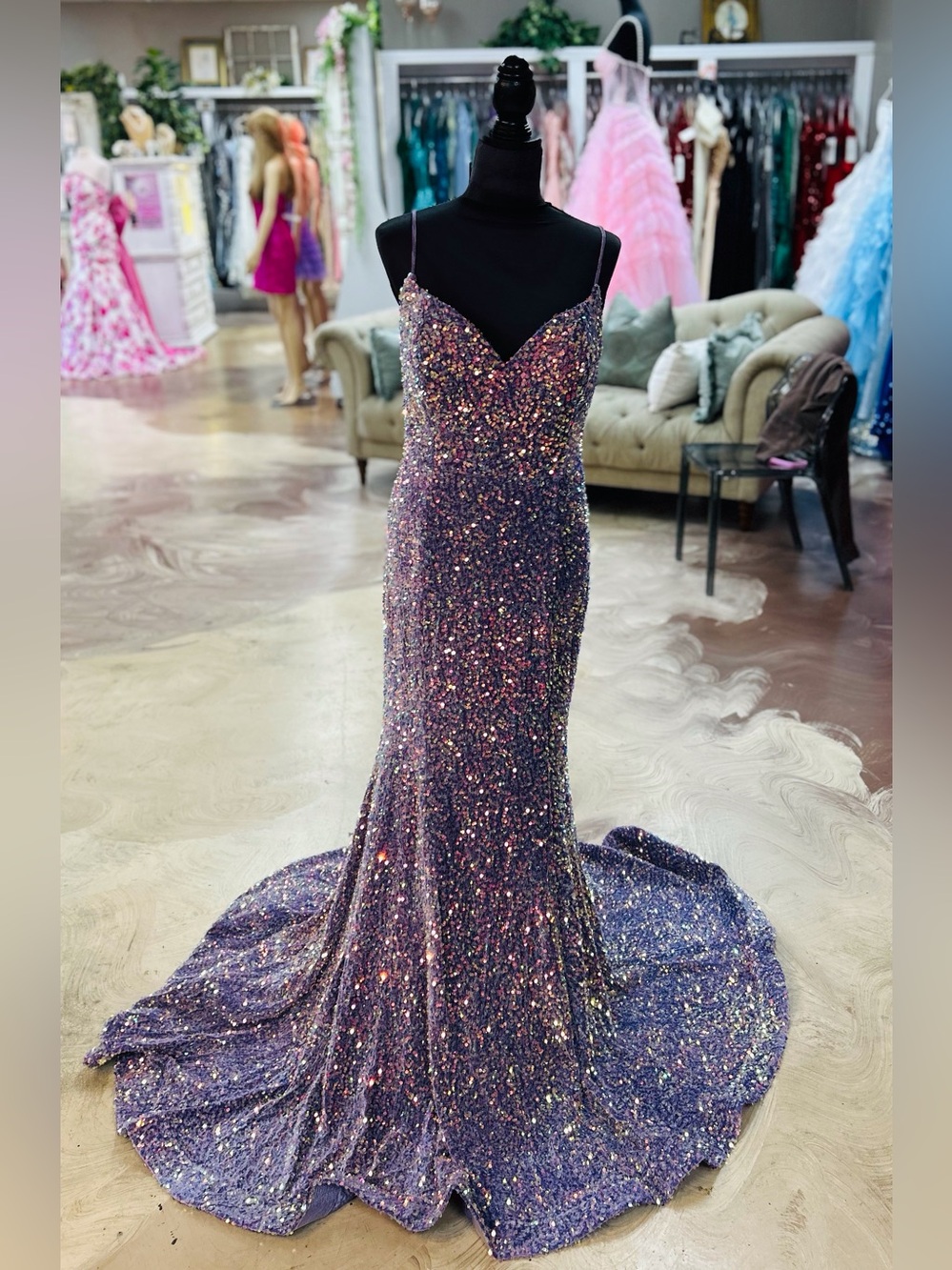 Portia and Scarlett Iridescent Purple Sequin Mermaid Gown